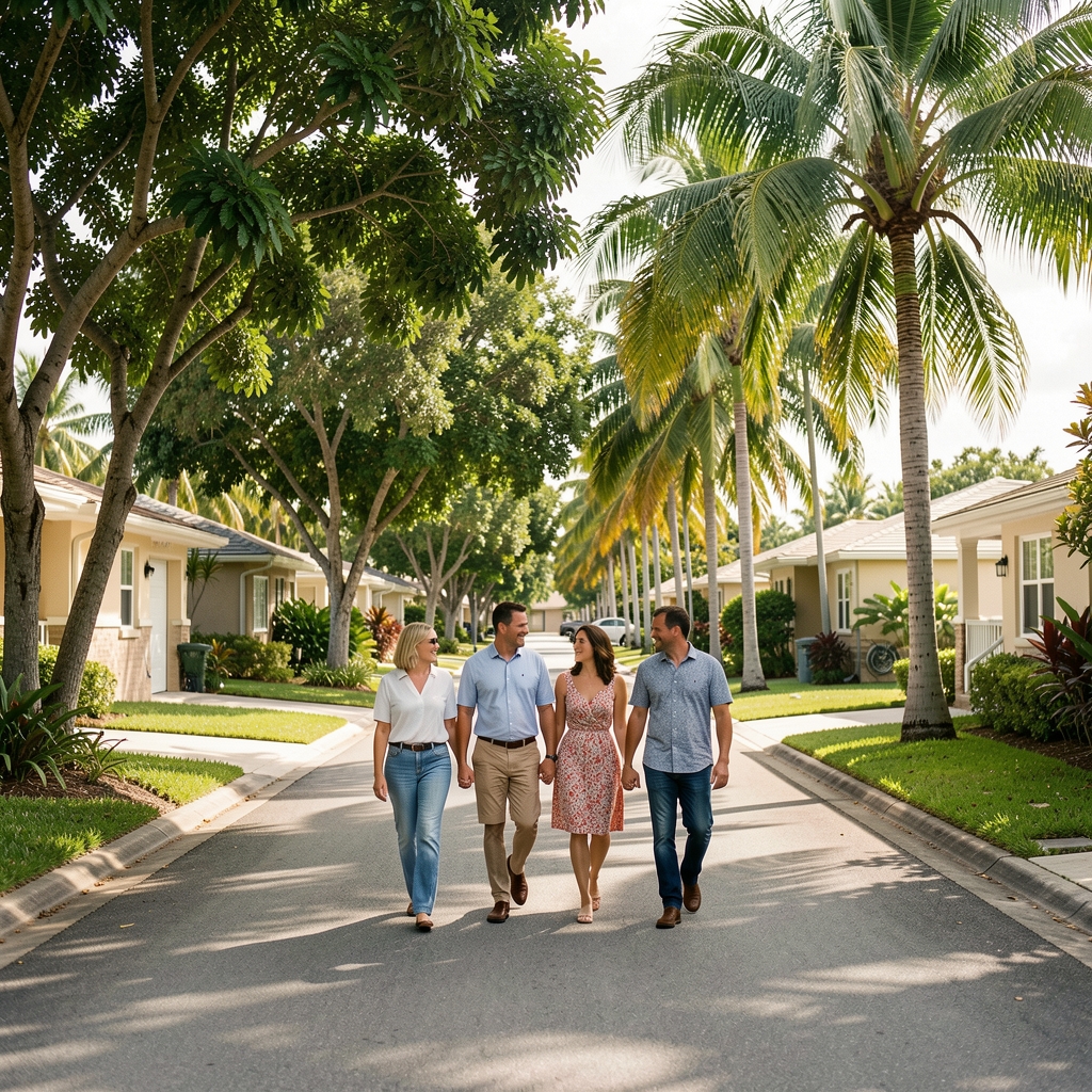 Neighbors walking together on a shaded residential street in Tangerang Selatan with tropical trees and low-rise homes
