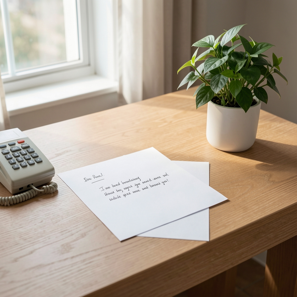 Minimal reader desk with handwritten letter, telephone, and green plant in natural light