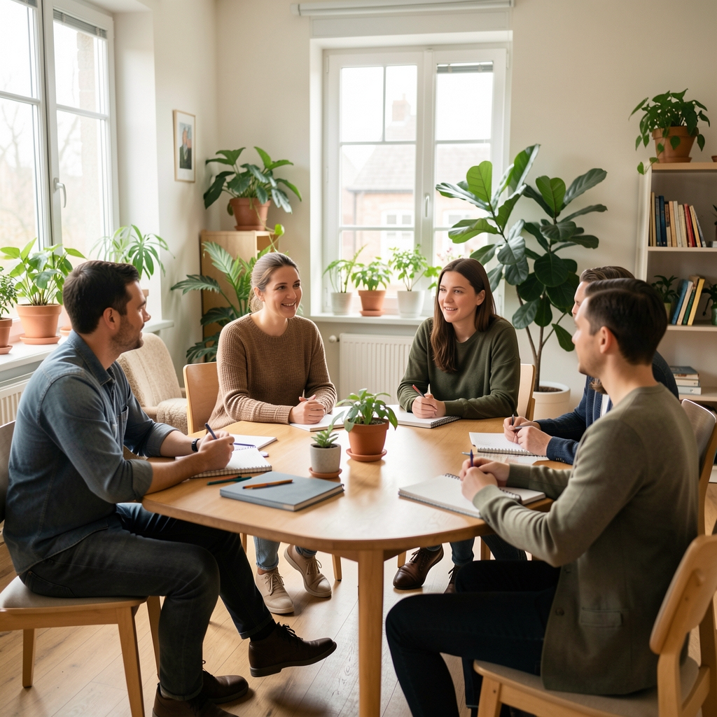 Small group seated in a bright community room with plants and notebooks prepared for a discussion