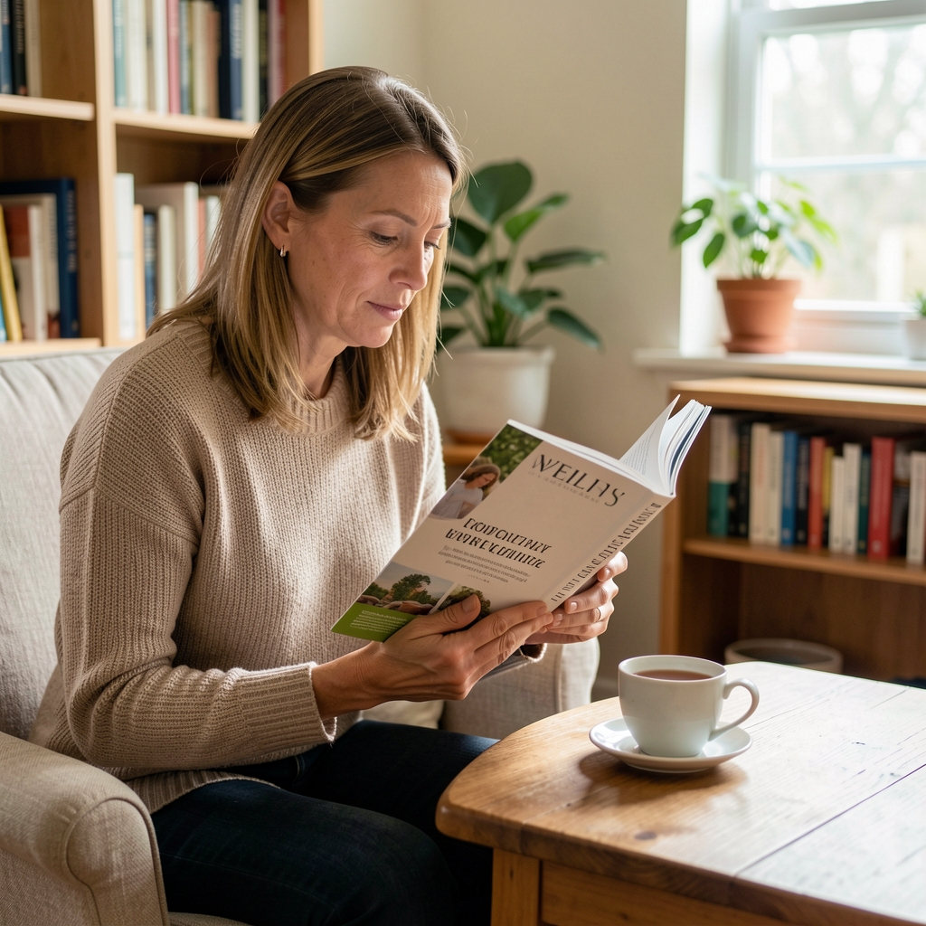 Reader browsing a wellbeing magazine beside a cup of tea in a quiet room