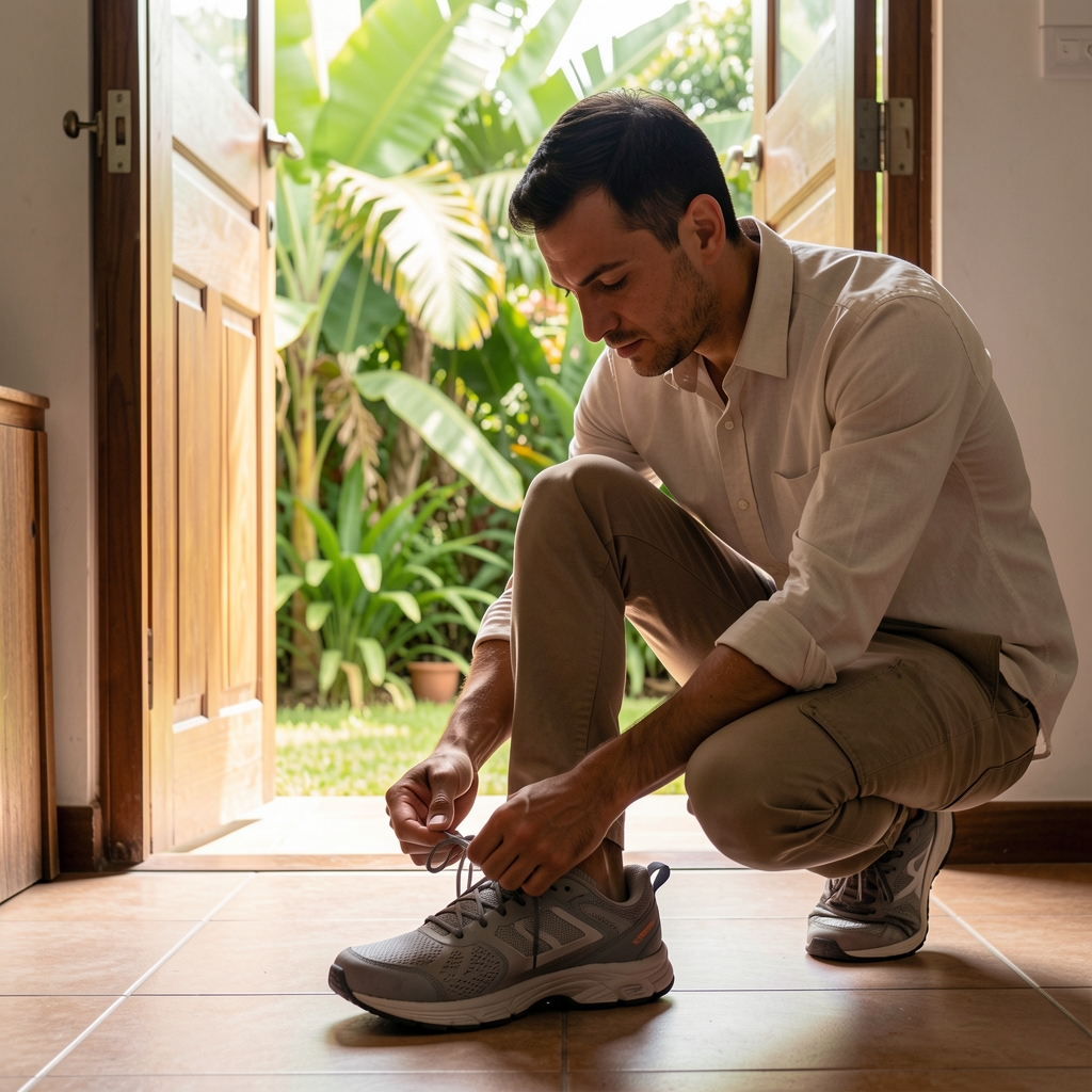 Man tying walking shoes near an open doorway with tropical greenery outside