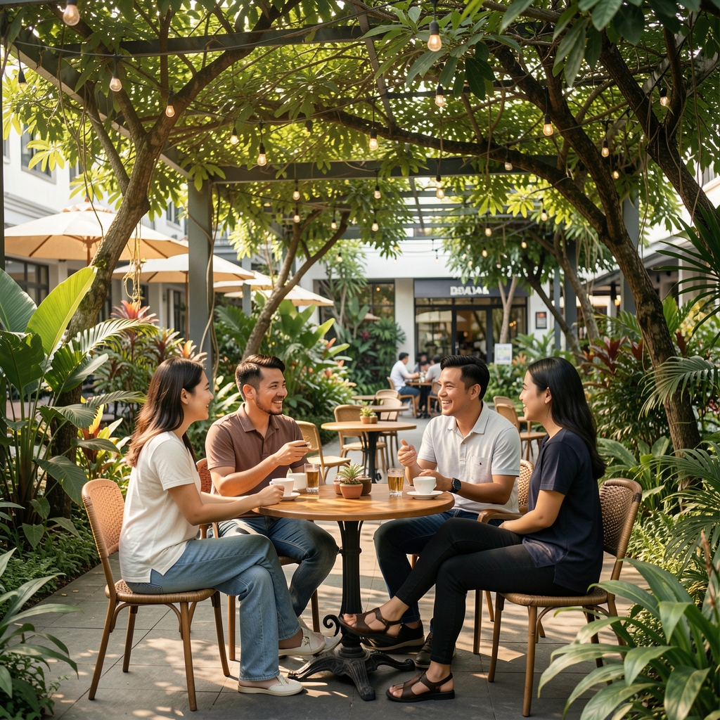 Two Indonesian friends talking beside a shaded café garden in BSD City