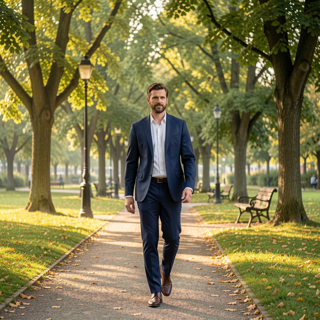 Man walking through a leafy public park in Tangerang Selatan during gentle morning light
