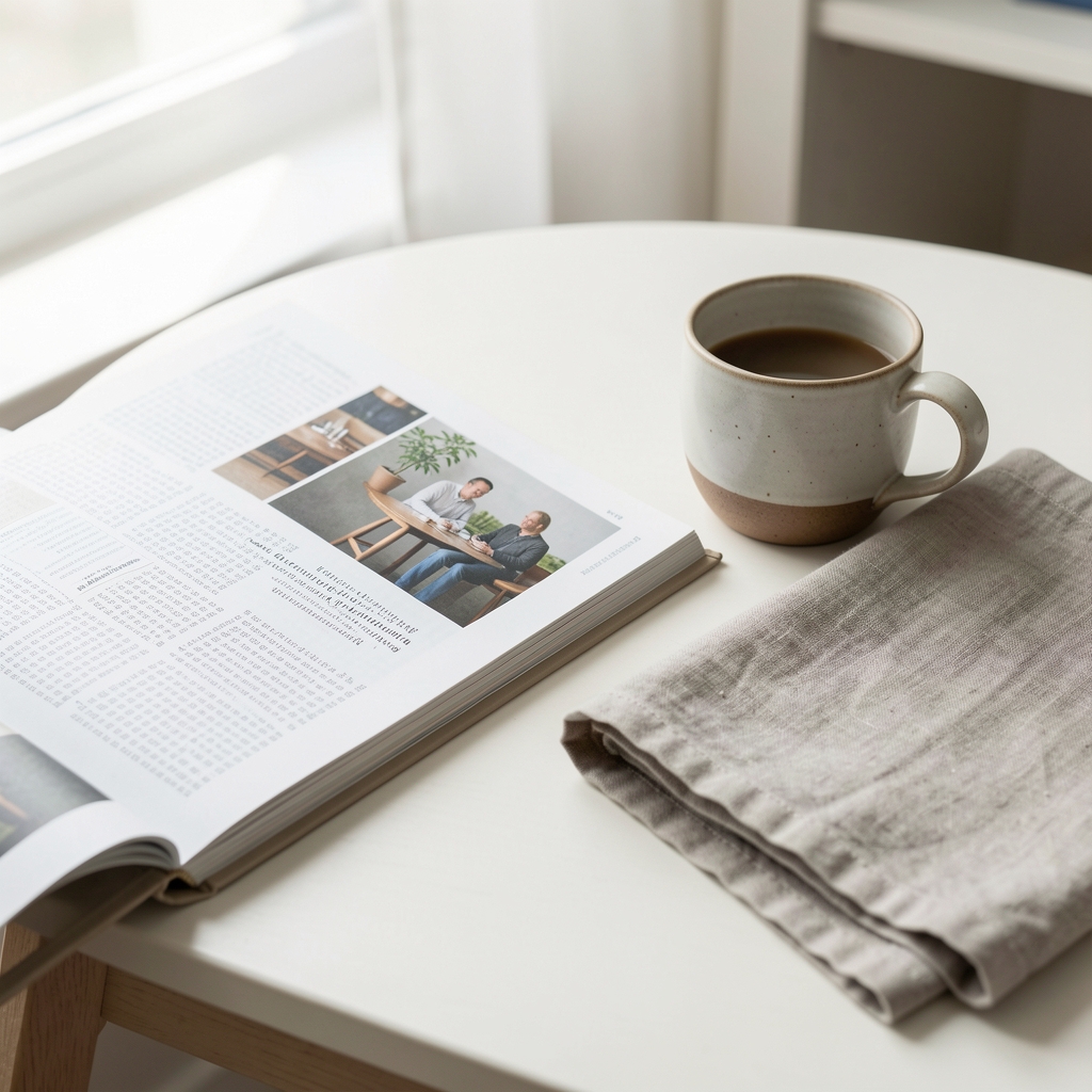 Open editorial journal beside a ceramic cup and folded linen on a bright table