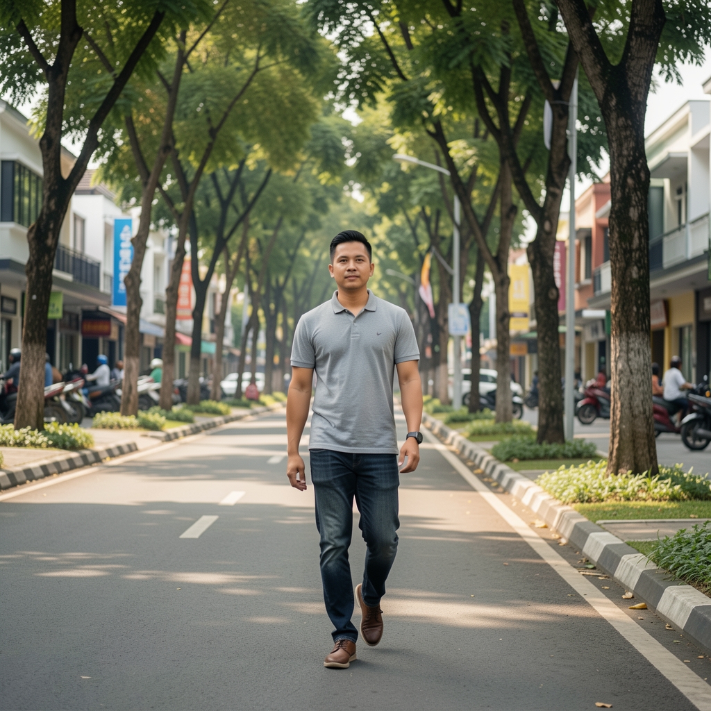 Man taking a calm walk along a tree-lined street in BSD City
