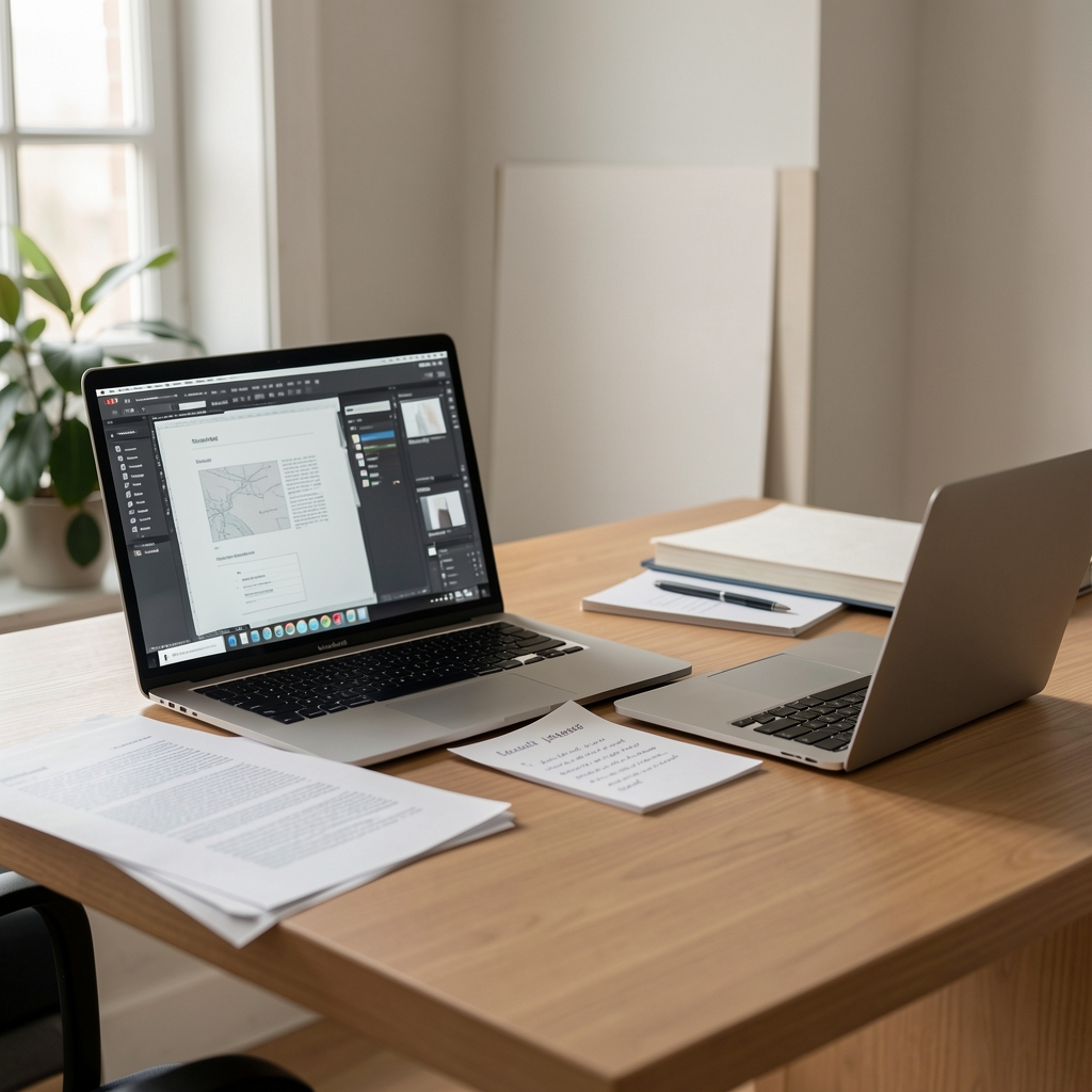 Editor reviewing printed pages and source notes beside a laptop in a calm studio workspace