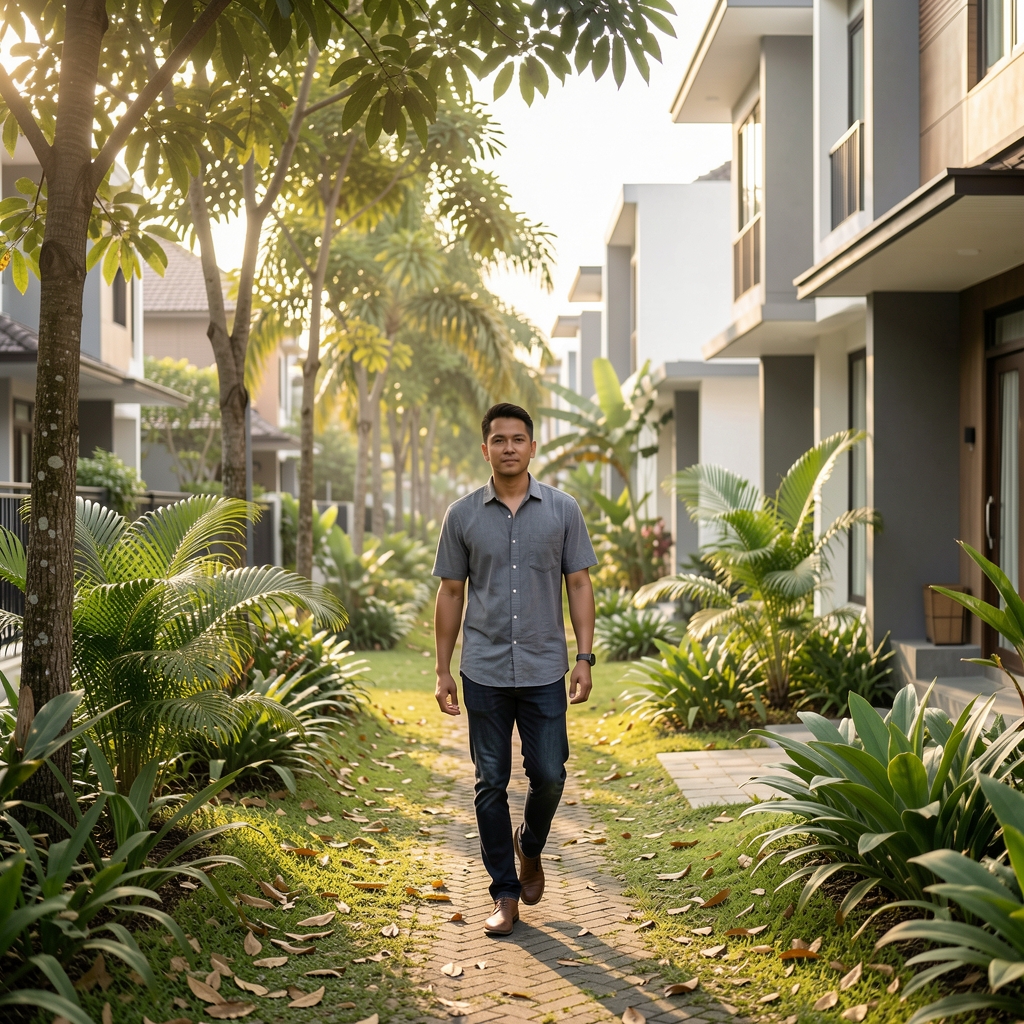 Man walking along a leafy path near a modern Indonesian neighbourhood in soft morning light