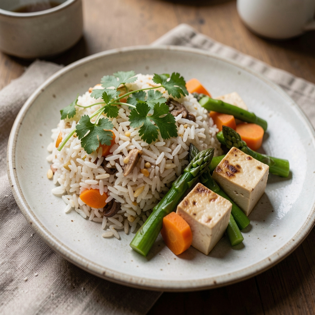 Balanced Indonesian meal with rice, vegetables, tofu, and fresh herbs on a ceramic plate