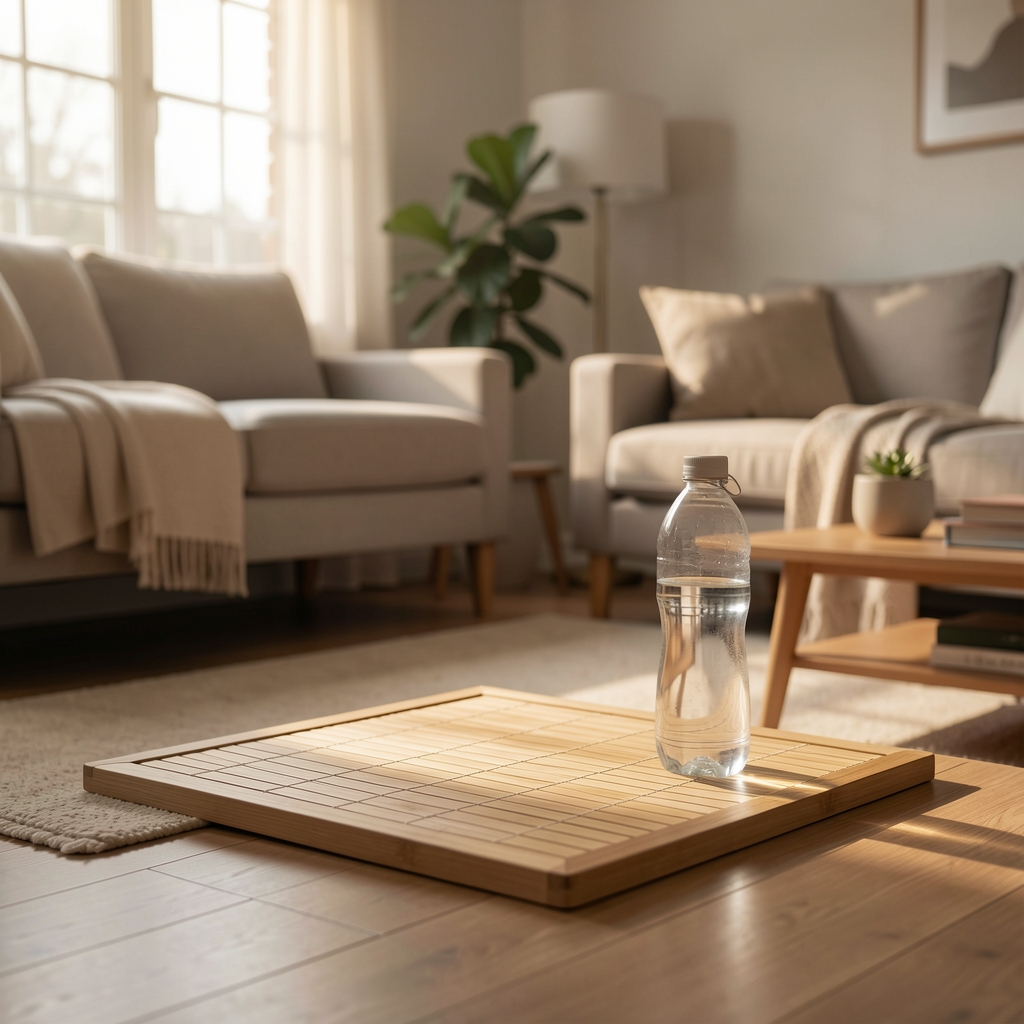 Wooden mat and water bottle in a quiet home room with morning light