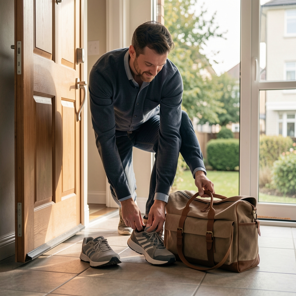 Man placing walking shoes beside a work bag near an apartment doorway at the end of the day